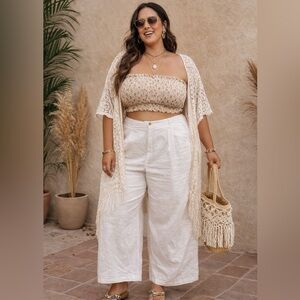 Liz Claiborne White Wide-Leg High Rise Back Elastic Fully Lined Linen Pants 18